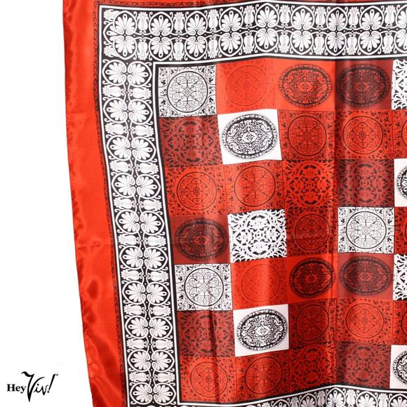 Vintage Satin Scarf in Dramatic Red White Black Geometric Square 36x36 - Hey Viv - Picture 2 of 4